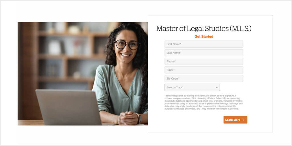 Form section for an MLS program showing a smiling student, several input fields, and a prominently placed “Learn More” CTA button.