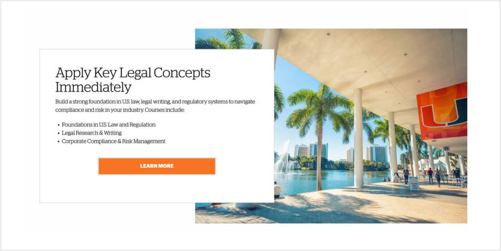 Promotional section with palm trees and program highlights, featuring a “Learn More” CTA button positioned below outcome-based bullet points.
