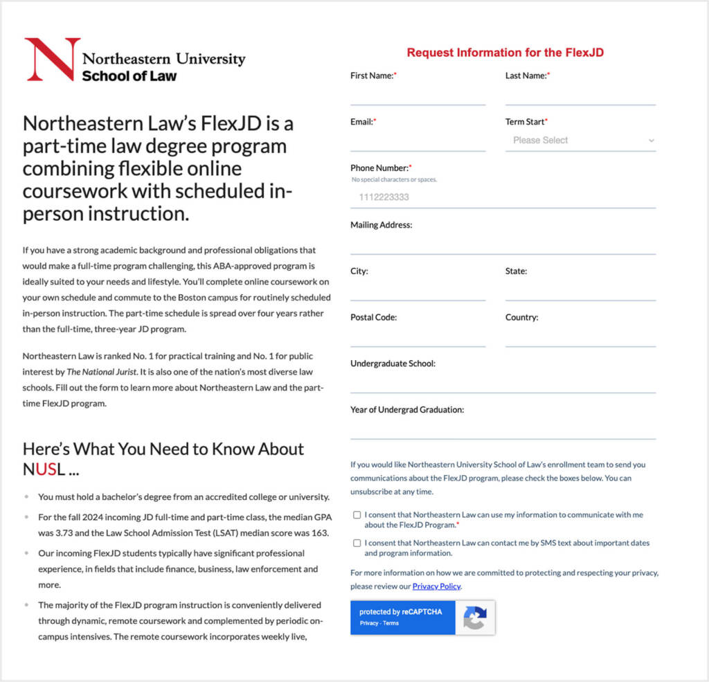 Northeastern University School of Law’s FlexJD landing page, featuring a long RFI form with 12+ fields and a dense block of descriptive text.