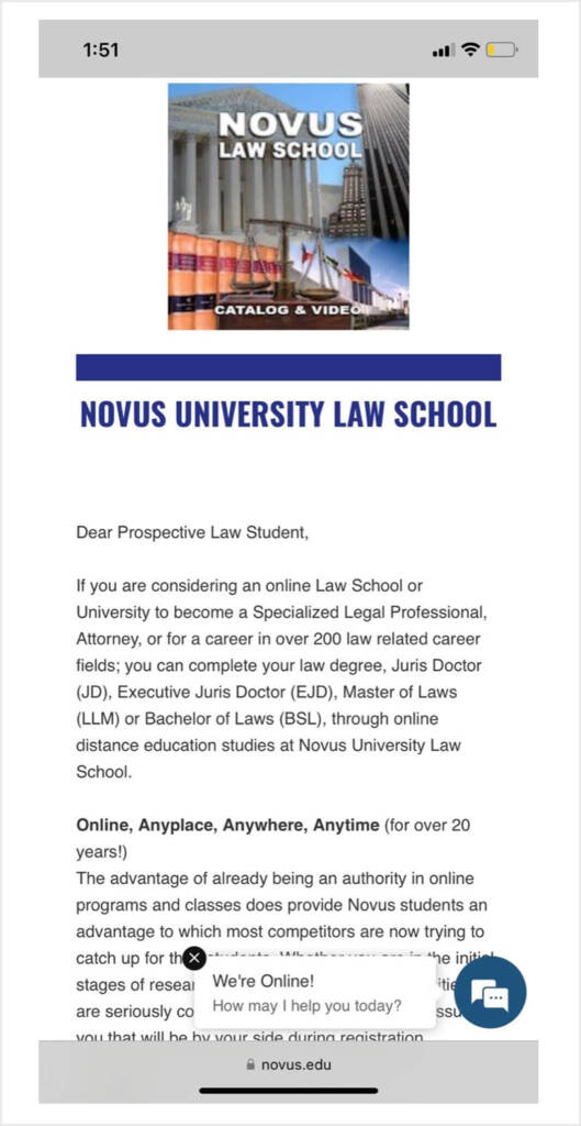 Mobile version of Novus University Law School’s landing page with dense paragraphs, limited headings, and dated visuals.