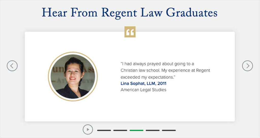 Slider of three student testimonials from Regent Law’s landing page, each with headshots and class years.
