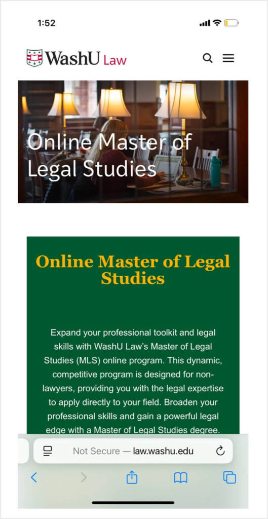 Mobile version of WashU Law’s landing page for the Online Master of Legal Studies program, showing the program title and introductory paragraph on a text-heavy, dark green background.