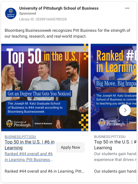 Meta ad for the University of Pittsburgh School of Business. The ad uses a carousel format to display multiple featured images. Each image includes groups of people with the institution's logo and rankings information overlaid in shades of white, blue, and yellow.