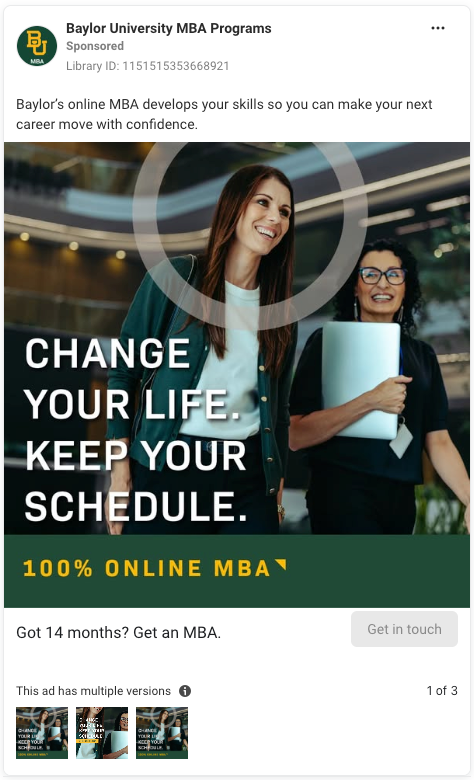 Meta ad for Baylor University MBA Programs. The featured image is a stock photo of two women walking and smiling with the text "Change your life. Keep your schedule." and "100% online MBA" overlaid.