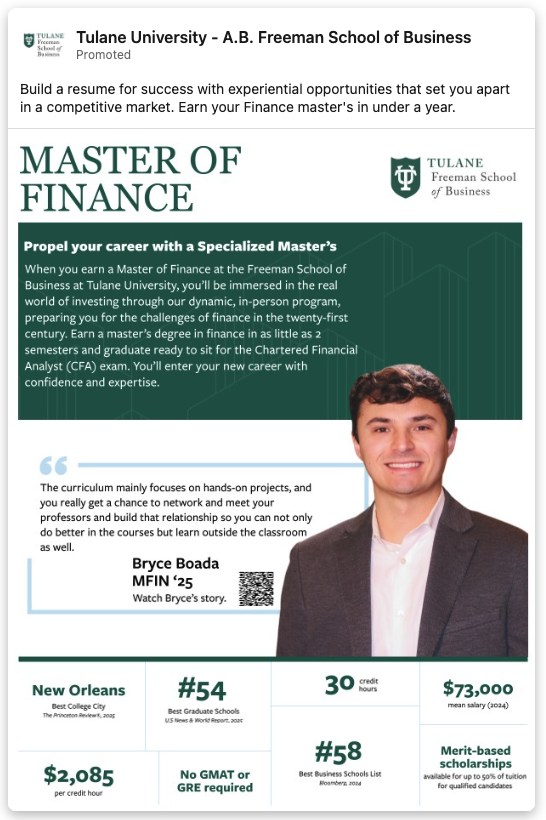 5 Valuable Lessons from the LinkedIn Ad Campaigns of 50 Top Graduate Degree Programs 8 A LinkedIn Ad for Tulane University School of Business