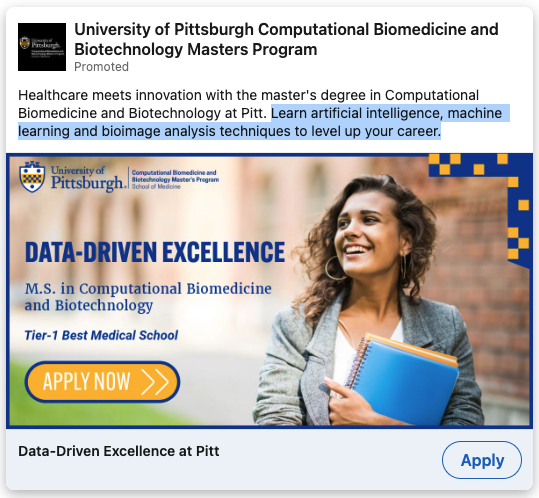 5 Valuable Lessons from the LinkedIn Ad Campaigns of 50 Top Graduate Degree Programs 9 A LinkedIn ad for a University of Pittsburgh master's program