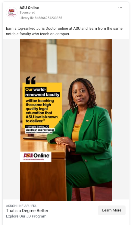 Woman in green blazer standing at podium with ASU Online signage.