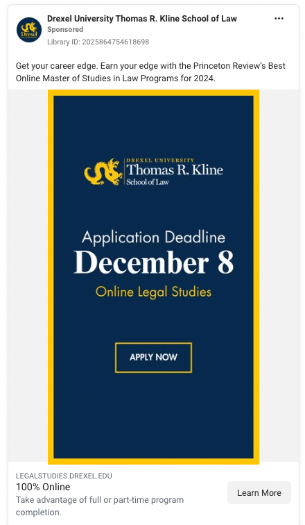 Navy graphic promoting December 8 deadline and top-ranked online legal studies program.