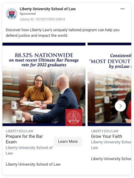 Image carousel: Students in a library setting with an 88.52% bar passage rate and a faith-based message highlighted.