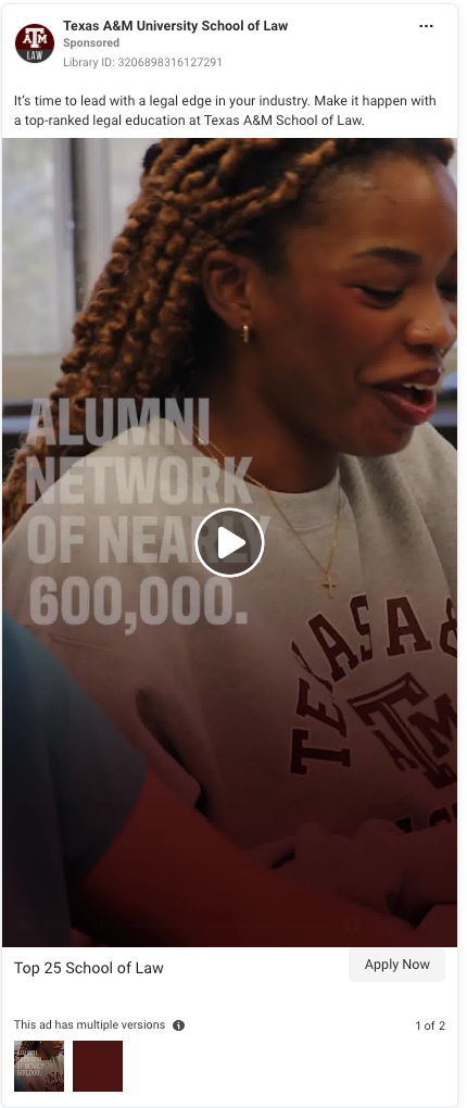 Student in Texas A&M gear with “Alumni Network of Nearly 600,000” and “Top 25 School of Law” callouts.