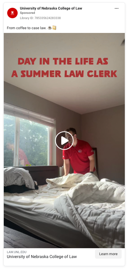 Student making bed with text overlay: “Day in the Life as a Summer Law Clerk.”