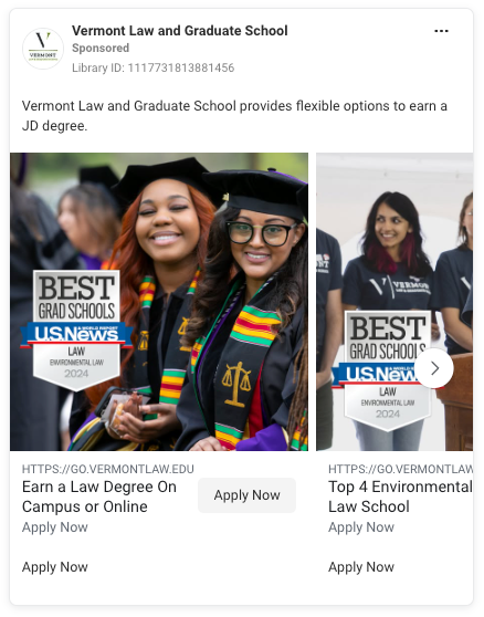 Graduates and students shown with U.S. News badges and top environmental law rankings.