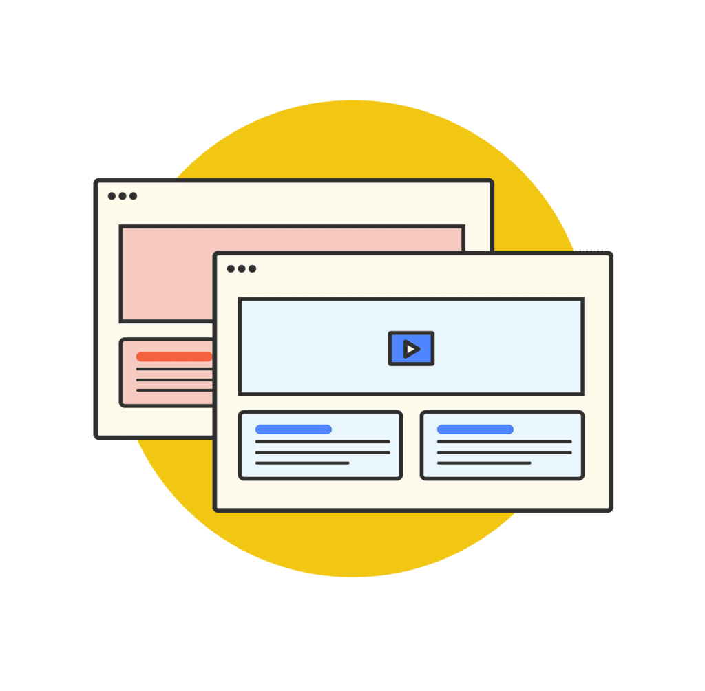 Higher Ed | Paid Search Landing Page Strategy 5 Overlapping browser windows displaying video content and text layouts on a yellow circular.