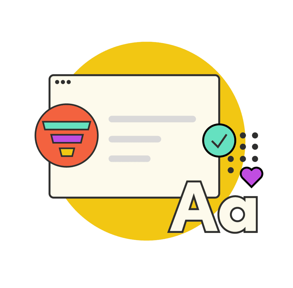 Higher Ed | Paid Search Landing Page Strategy 7 Browser window with funnel icon, checkmark, heart, and typography elements on yellow background.