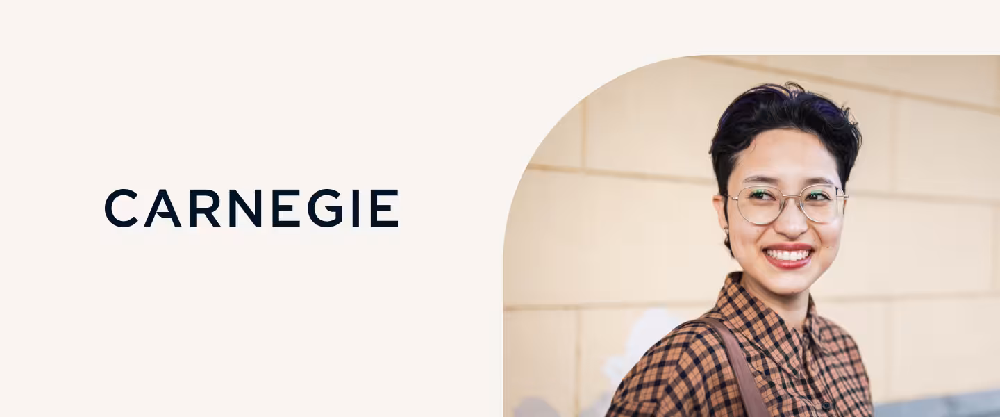 Carnegie logo with image of happy looking female student.