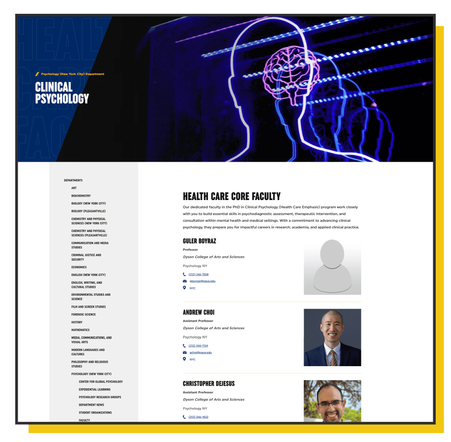 Higher Ed | Paid Search Landing Page Strategy 9 Clinical Psychology program webpage showing faculty members Guler Boyraz, Andrew Choi.