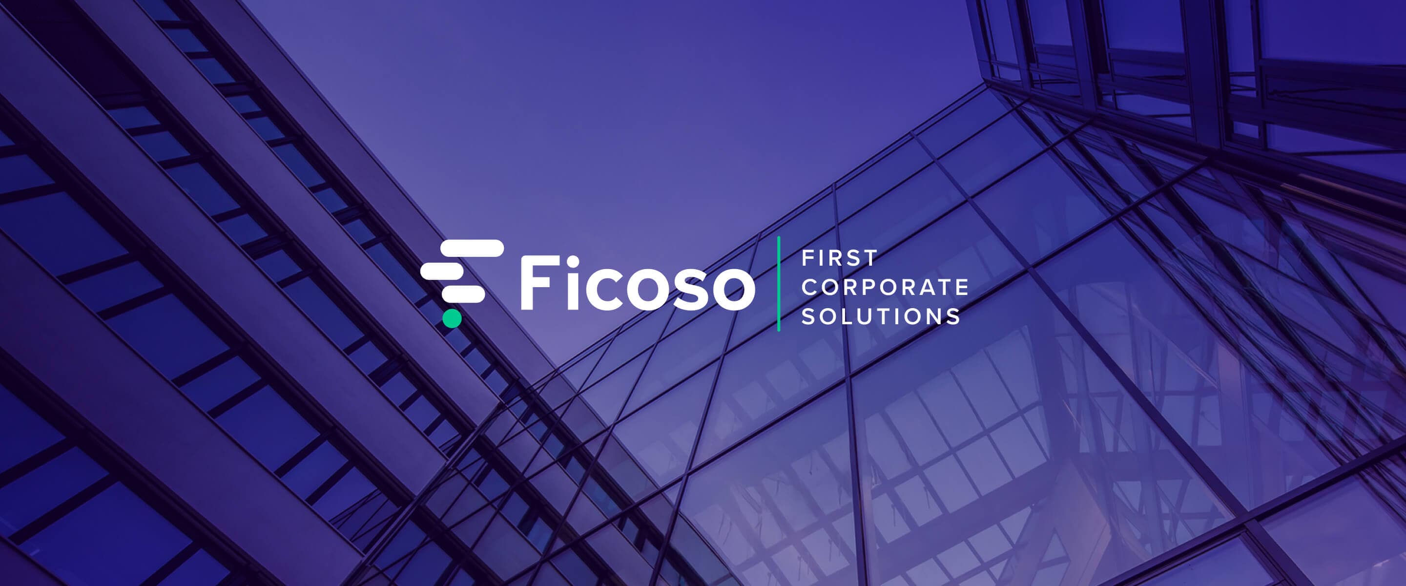 Ficoso First Corporate Solutions logo displayed on a modern glass building facade.