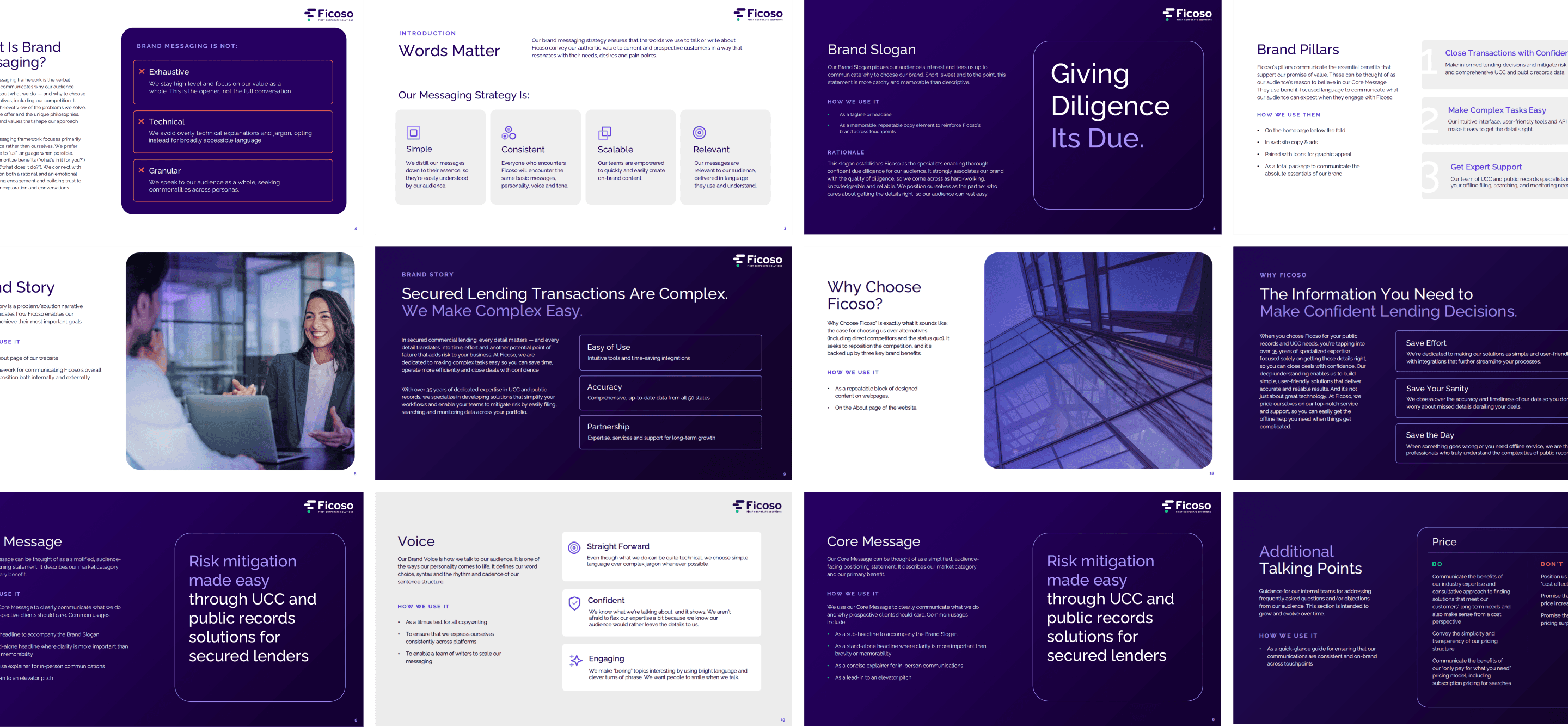 Collection of Fiserv brand marketing slides with purple backgrounds and messaging about lending.