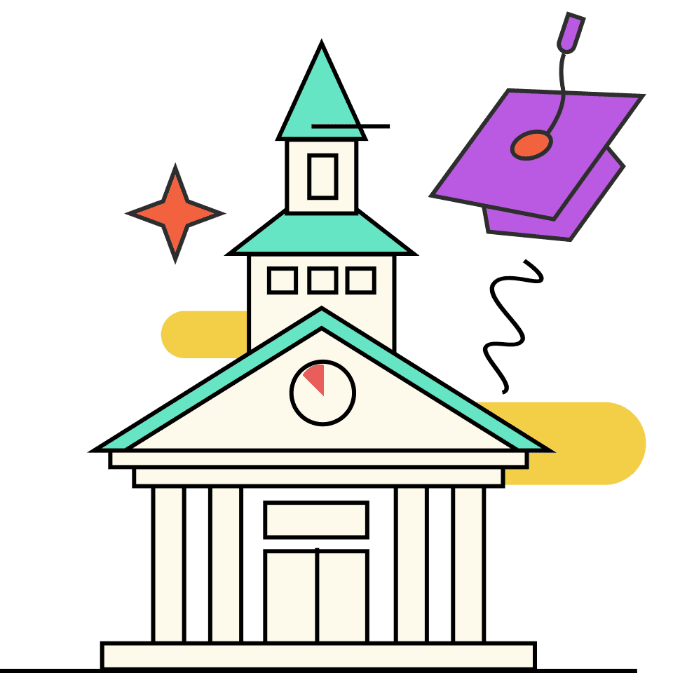 Higher Ed | Paid Search Landing Page Strategy 13 Illustration of a classical building with a steeple, surrounded by decorative geometric shapes.