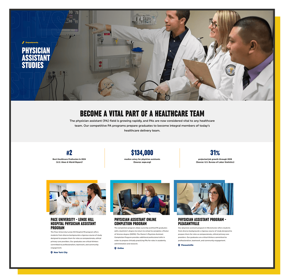 Higher Ed | Paid Search Landing Page Strategy 8 Three healthcare professionals in white coats examine a patient model during a physician assistant.