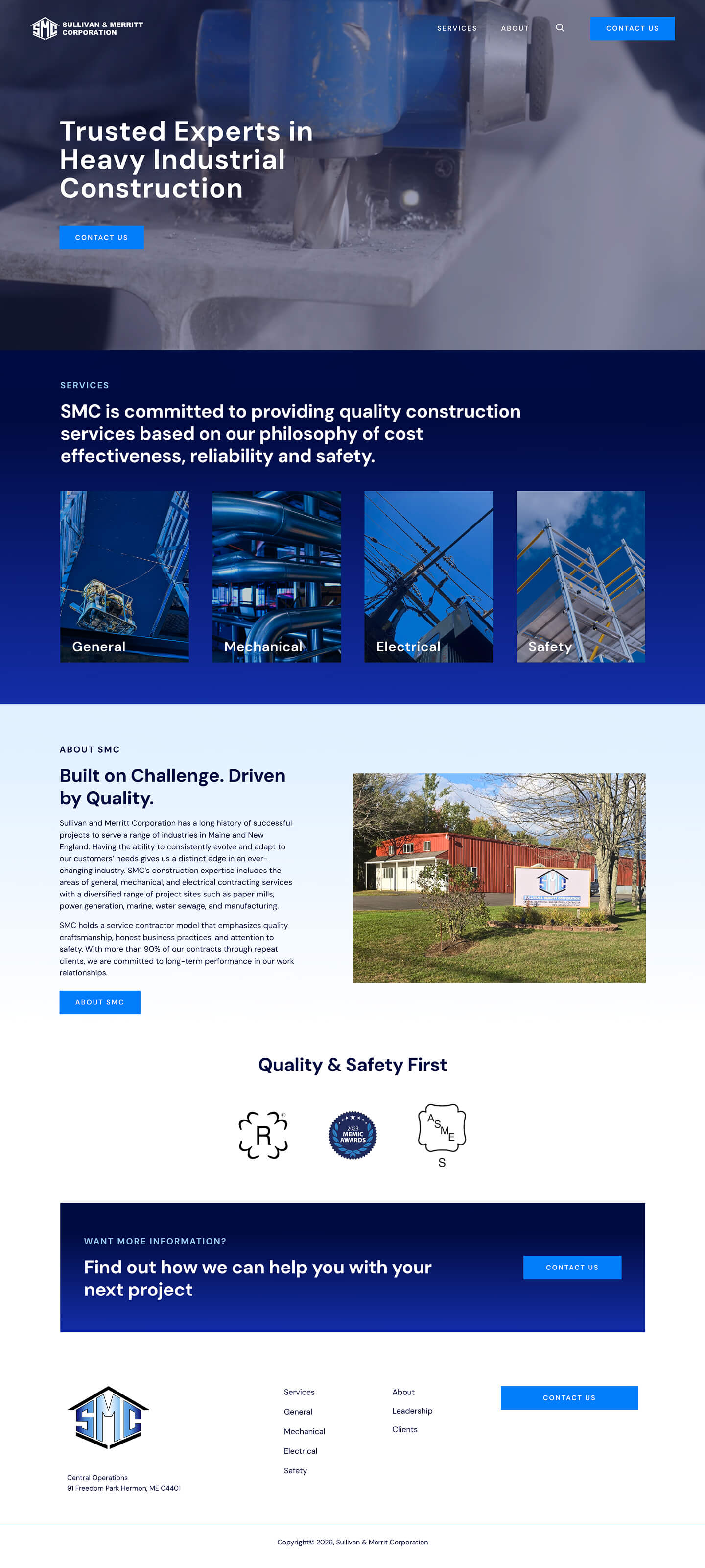 Sullivan & Merritt Construction | Website 2 Sullivan & Merritt Corporation website homepage featuring heavy industrial construction services.