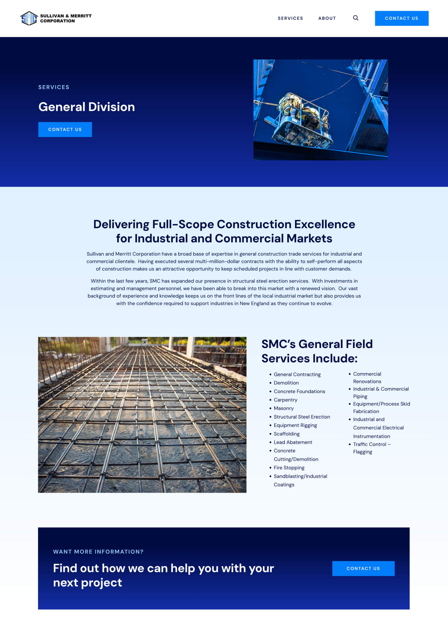 Sullivan & Merritt Construction | Website 3 Aerial view of a concrete foundation with steel reinforcement rebar grid pattern.