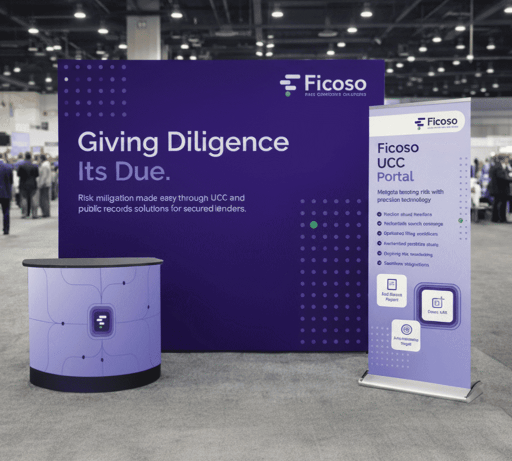 Ficoso trade show booth displaying "Giving Diligence Its Due" with purple branding and UCC Portal.