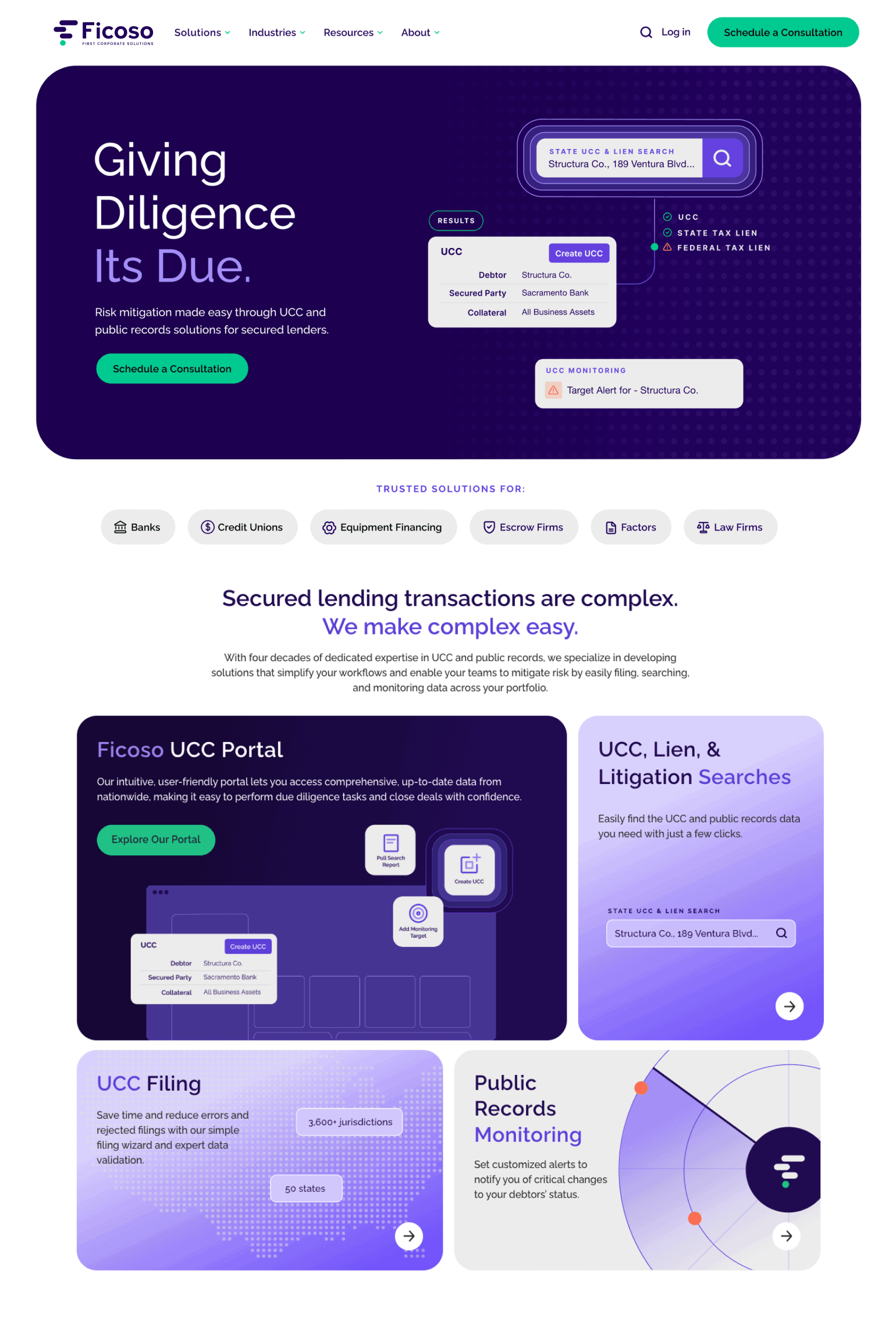 Ficoso website homepage showcasing UCC and public records solutions for secured lending.