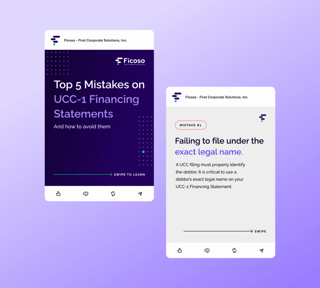 Two mobile screens showing Ficoso's guide on top 5 UCC-1 financing mistakes, with the first mistake.