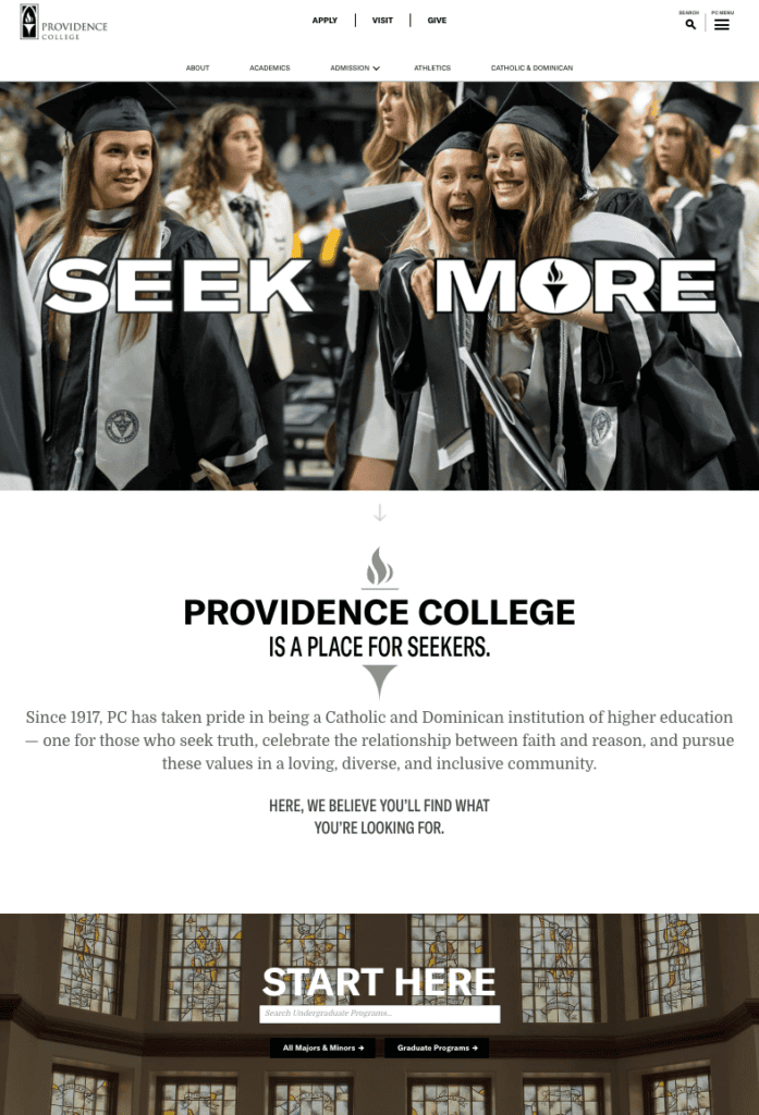 8 Best University Websites Built on WordPress 10 Providence College homepage. Graduates cheer under "SEEK MORE," text on the Catholic Dominican tradition, and a "Start Here" program search bar.