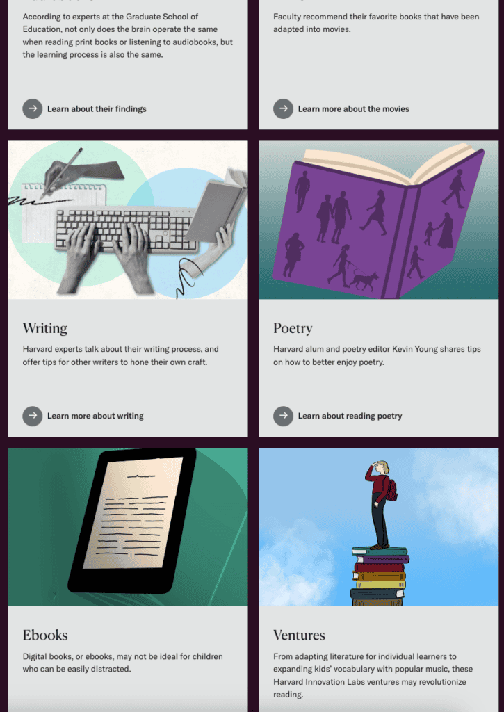 8 Best University Websites Built on WordPress 28 Harvard University homepage. A "Beyond the book" grid of six illustrated cards on writing, poetry, ebooks, ventures, and more.