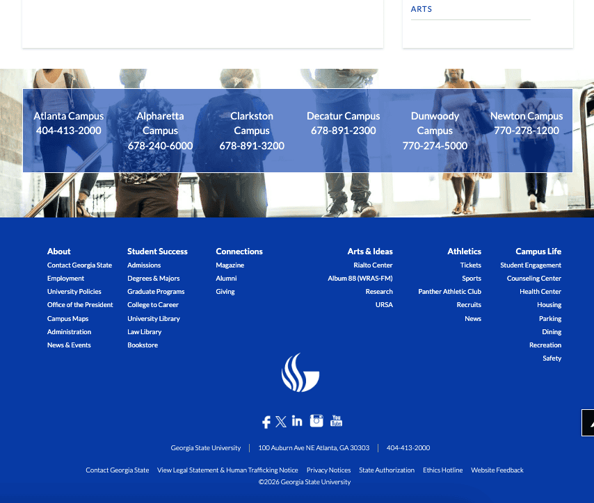 8 Best University Websites Built on WordPress 35 Georgia State University homepage. A campus locations bar with phone numbers, above the blue footer with link columns, social icons, and flame logo.