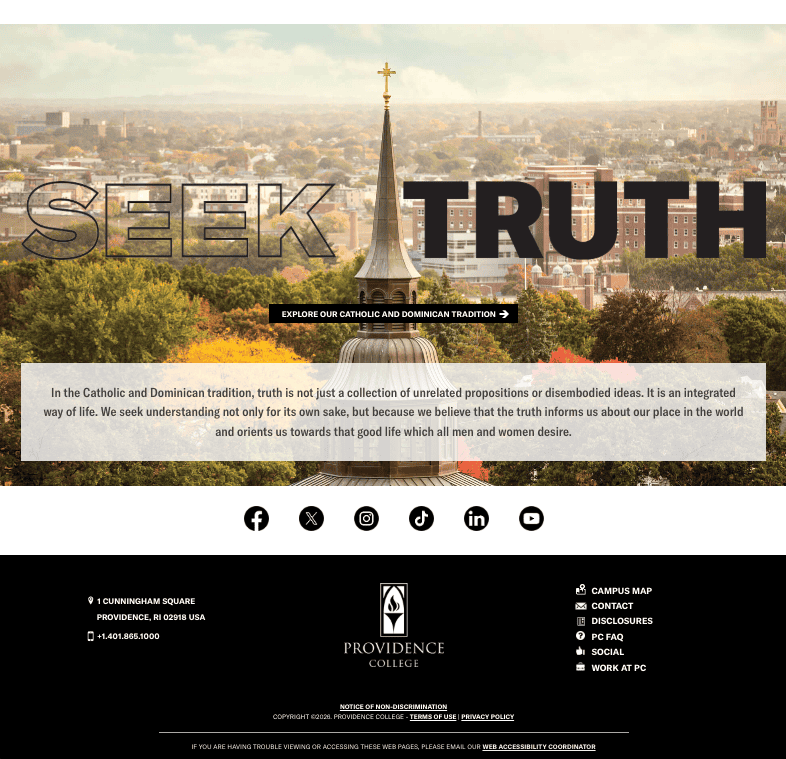 8 Best University Websites Built on WordPress 12 Providence College homepage footer. A chapel spire over the city under "SEEK TRUTH," above social icons and the black footer with contact links.