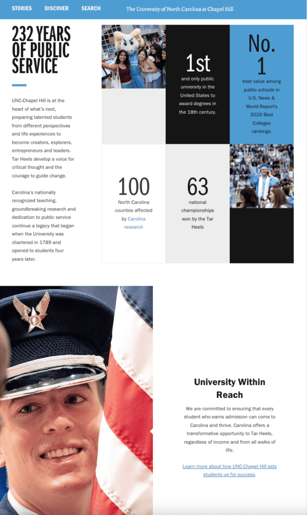 8 Best University Websites Built on WordPress 15 UNC-Chapel Hill homepage. "232 Years of Public Service," a stat and photo grid on rankings and research, and a "University Within Reach" section.