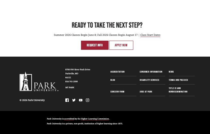 8 Best University Websites Built on WordPress 8 Park University homepage footer. A "Ready to Take the Next Step?" banner with action buttons, above the black footer with logo, address, and links.