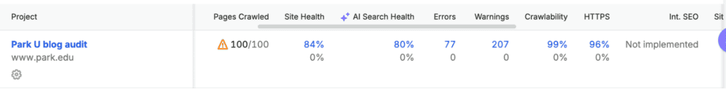 8 Best University Websites Built on WordPress 9 Semrush site audit row for Park University: 100/100 pages crawled, 84% Site Health, 80% AI Search Health, 77 errors, 207 warnings, 99% crawlability, 96% HTTPS.