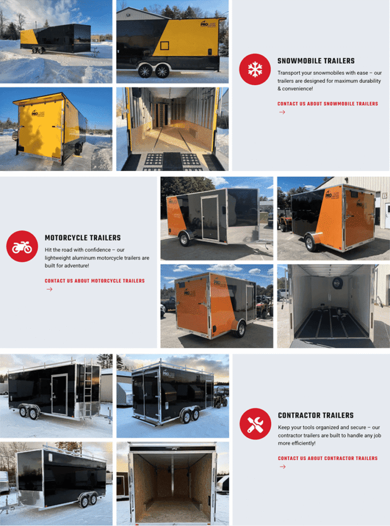 PROLine Trailers | Paid Media 6 Proline "Types of Trailers" grid showing snowmobile, motorcycle, and contractor categories