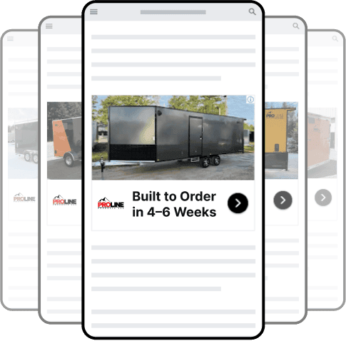 PROLine Trailers | Paid Media 5 Proline mobile display ads showing a black custom enclosed trailer with the headline "Built To Order in 4-6 Weeks"