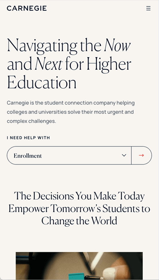 Carnegie Higher Ed website design mobile screen