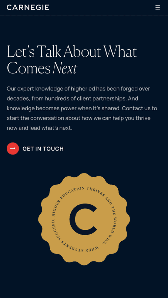 Carnegie Higher Ed website design mobile screen