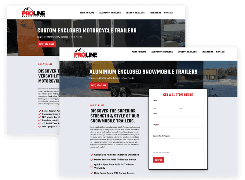 PROLine Trailers | Paid Media 3 Two Proline landing page heroes, one for enclosed snowmobile trailers and one for enclosed motorcycle trailers, showing the matching page layouts